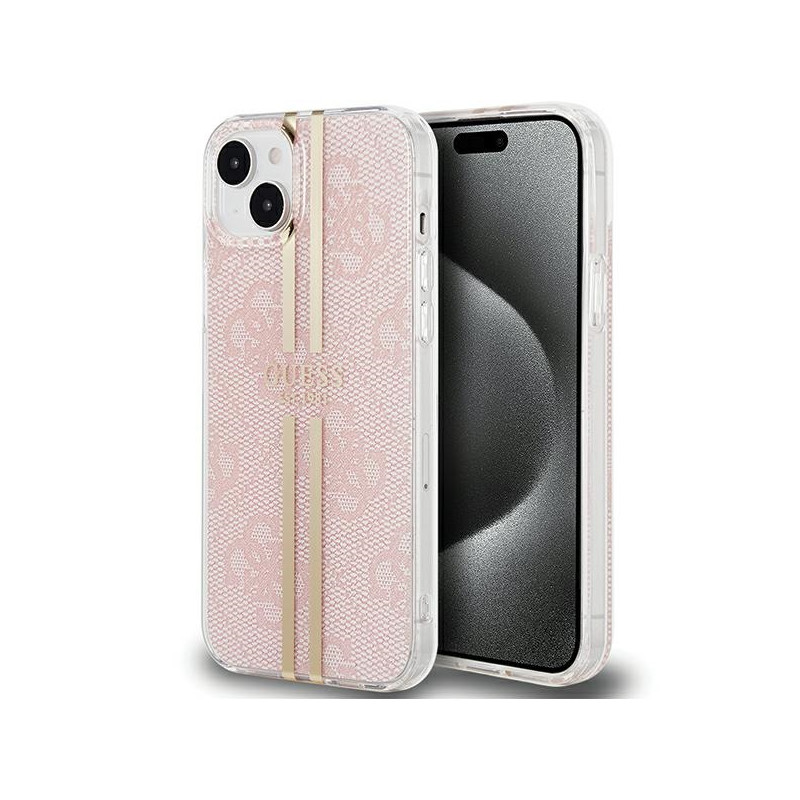 Etui Guess IML 4G Gold Stripe na iPhone 15 / 14 / 13 - różowe