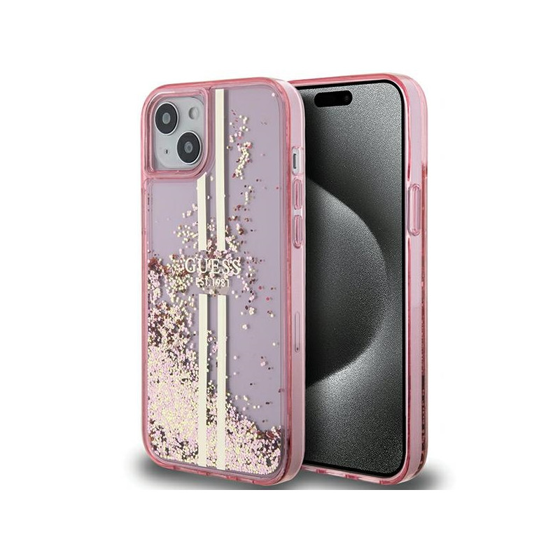 Etui Guess Liquid Glitter Gold Stripes na iPhone 15 / 14 / 13 - różowe