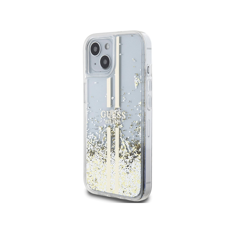 Etui Guess Liquid Glitter Gold Stripes na iPhone 15 / 14 / 13 - przezroczyste