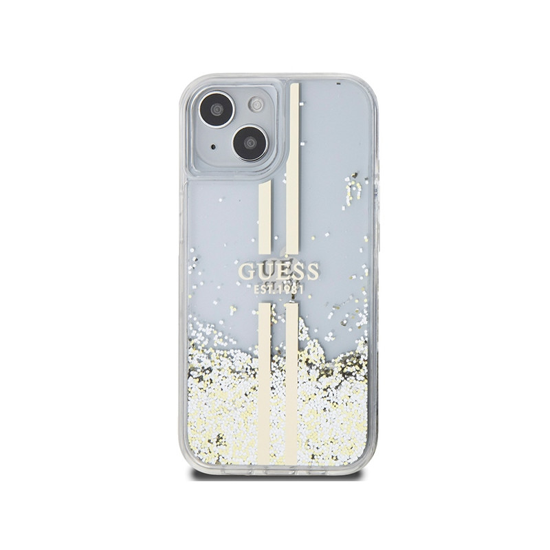 Etui Guess Liquid Glitter Gold Stripes na iPhone 15 / 14 / 13 - przezroczyste