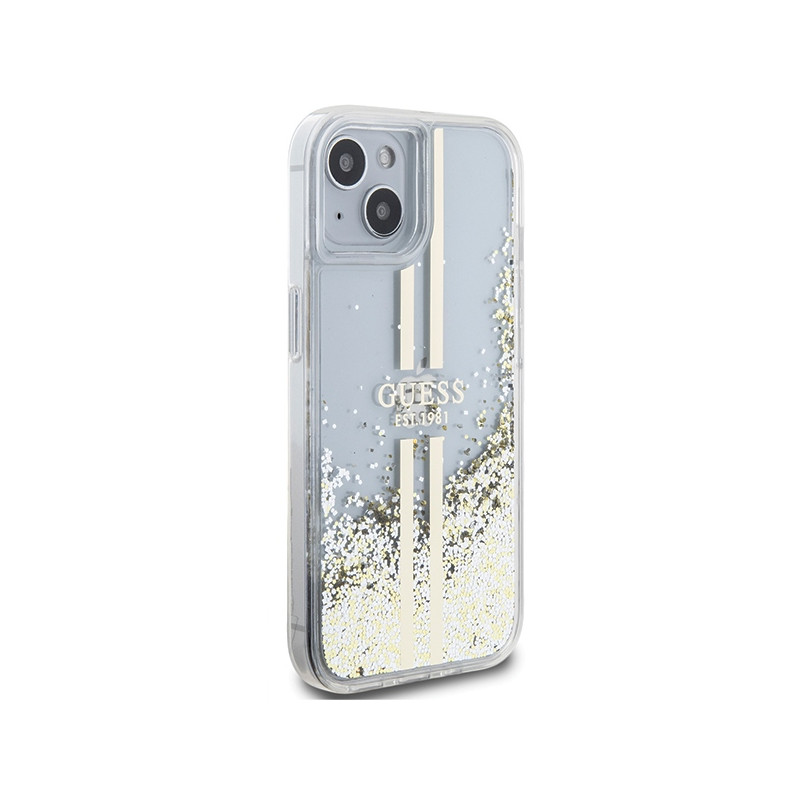 Etui Guess Liquid Glitter Gold Stripes na iPhone 15 / 14 / 13 - przezroczyste