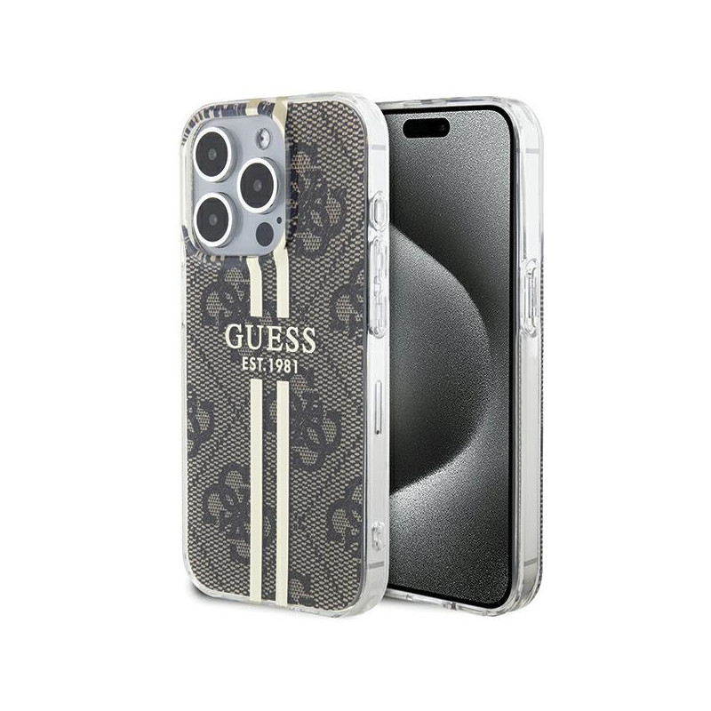 Etui Guess IML 4G Gold Stripe na iPhone 15 Pro Max - brązowe Etui Guess IML 4G Gold Stripe na iPhone 15 Pro Max - brązowe