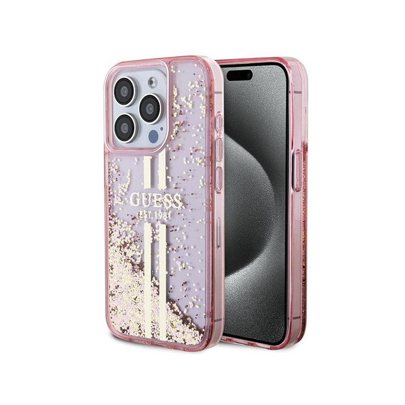 Etui Guess Liquid Glitter Gold Stripes na iPhone 15 Pro Max - różowe