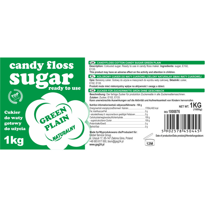 Spalvotas cukrus cukraus vatai žalia natūralaus cukraus vatos skonio 1kg