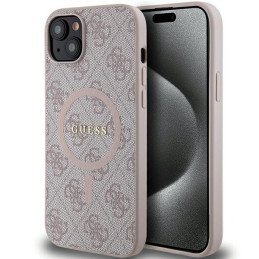 Etui Guess 4G Collection Leather Metal Logo MagSafe na iPhone 14 / 15 / 13 - różowe