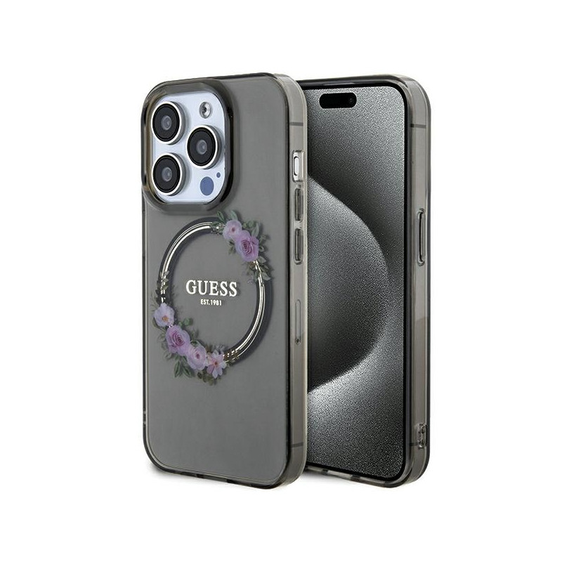 Etui Guess IML Flowers Wreath MagSafe na iPhone 15 Pro - czarne