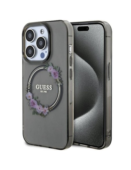 Etui Guess IML Flowers Wreath MagSafe na iPhone 15 Pro - czarne