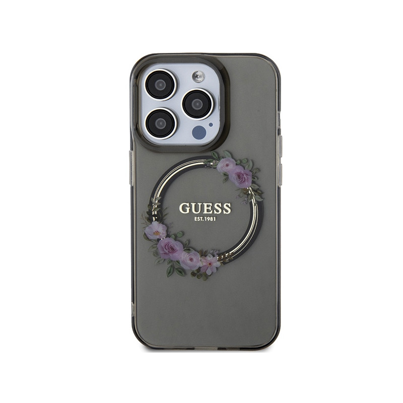 Etui Guess IML Flowers Wreath MagSafe na iPhone 15 Pro - czarne