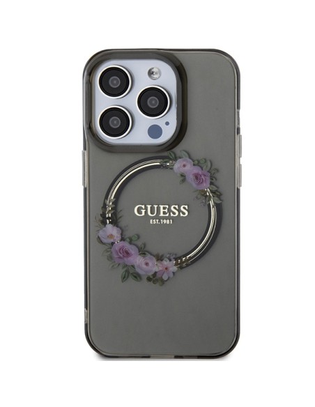 Etui Guess IML Flowers Wreath MagSafe na iPhone 15 Pro - czarne