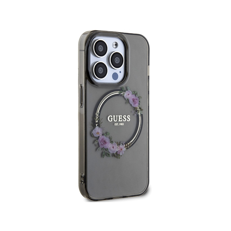 Etui Guess IML Flowers Wreath MagSafe na iPhone 15 Pro - czarne