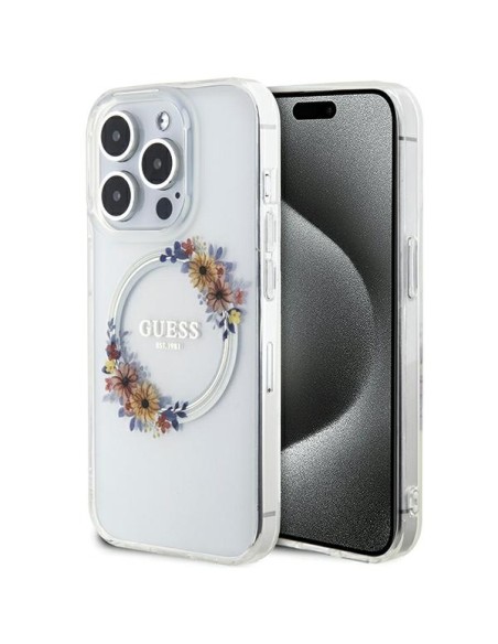 Etui Guess IML Flowers Wreatch MagSafe na iPhone 15 Pro - przezroczyste Etui Guess IML Flowers Wreatch MagSafe na iPhone 15 Pro - przezroczyste