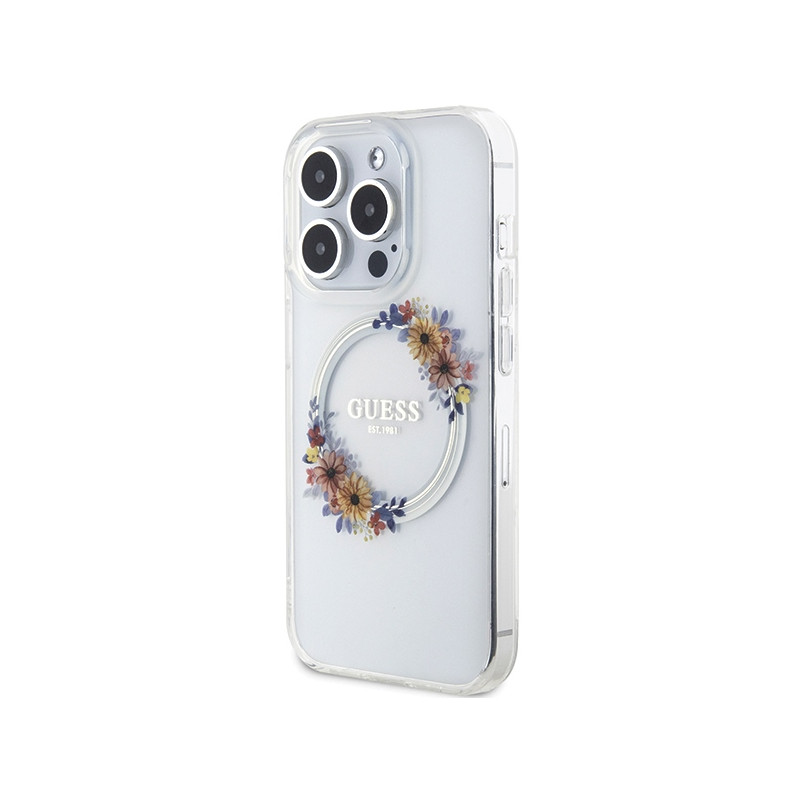 Etui Guess IML Flowers Wreatch MagSafe na iPhone 15 Pro - przezroczyste