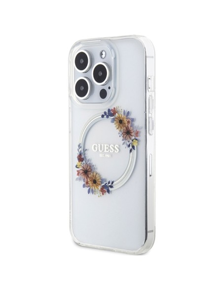 Etui Guess IML Flowers Wreatch MagSafe na iPhone 15 Pro - przezroczyste Etui Guess IML Flowers Wreatch MagSafe na iPhone 15 Pro - przezroczyste