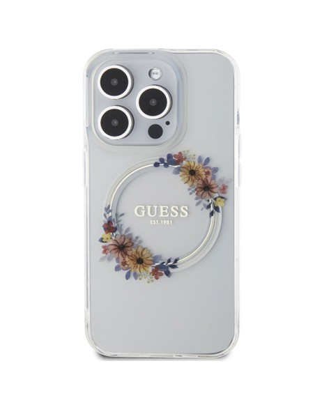 Etui Guess IML Flowers Wreatch MagSafe na iPhone 15 Pro - przezroczyste Etui Guess IML Flowers Wreatch MagSafe na iPhone 15 Pro - przezroczyste