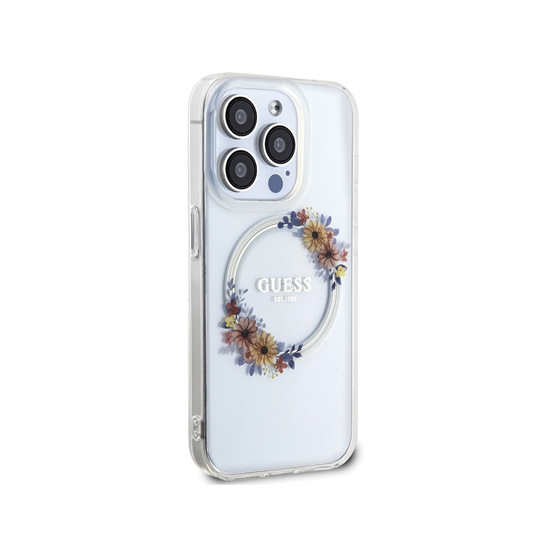 Etui Guess IML Flowers Wreatch MagSafe na iPhone 15 Pro - przezroczyste