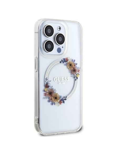 Etui Guess IML Flowers Wreatch MagSafe na iPhone 15 Pro - przezroczyste Etui Guess IML Flowers Wreatch MagSafe na iPhone 15 Pro - przezroczyste