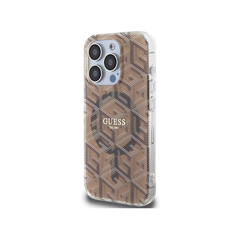 Etui Guess IML GCube MagSafe na iPhone 15 Pro - brązowe