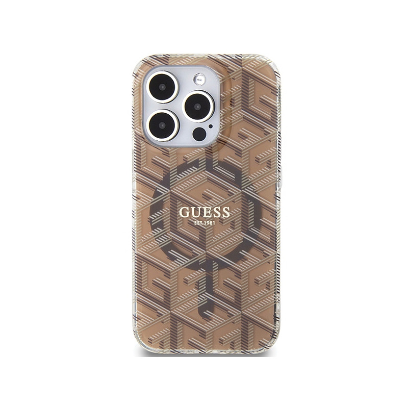 Etui Guess IML GCube MagSafe na iPhone 15 Pro - brązowe