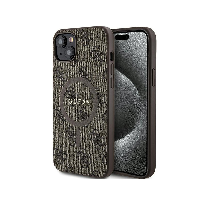Etui Guess 4G Collection Leather Metal Logo MagSafe na iPhone 15 Plus / 14 Plus - brązowe Etui Guess 4G Collection Leather Metal Logo MagSafe na iPhone 15 Plus / 14 Plus - brązowe