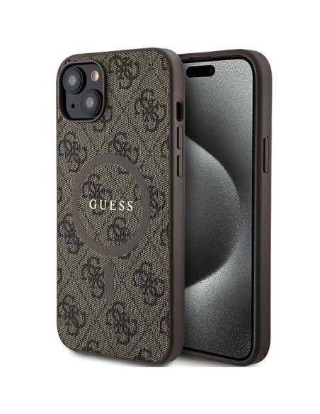 Etui Guess 4G Collection Leather Metal Logo MagSafe na iPhone 15 Plus / 14 Plus - brązowe Etui Guess 4G Collection Leather Metal Logo MagSafe na iPhone 15 Plus / 14 Plus - brązowe