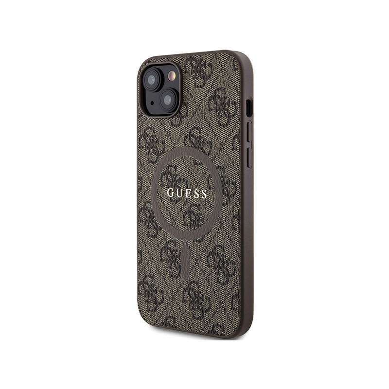 Etui Guess 4G Collection Leather Metal Logo MagSafe na iPhone 15 Plus / 14 Plus - brązowe