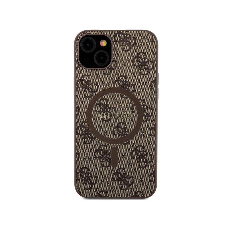 Etui Guess 4G Collection Leather Metal Logo MagSafe na iPhone 15 Plus / 14 Plus - brązowe