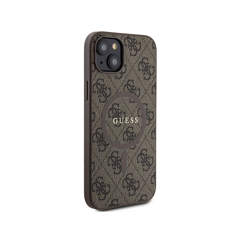 Etui Guess 4G Collection Leather Metal Logo MagSafe na iPhone 15 Plus / 14 Plus - brązowe