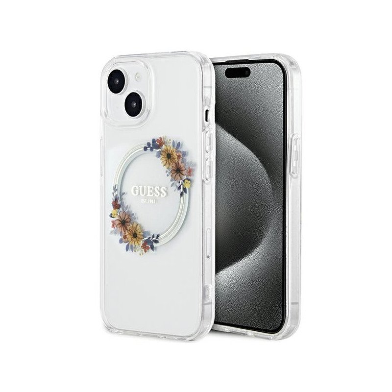 Etui Guess IML Flowers Wreatch MagSafe na iPhone 15 / 14 / 13 - przezroczyste Etui Guess IML Flowers Wreatch MagSafe na iPhone 15 / 14 / 13 - przezroczyste