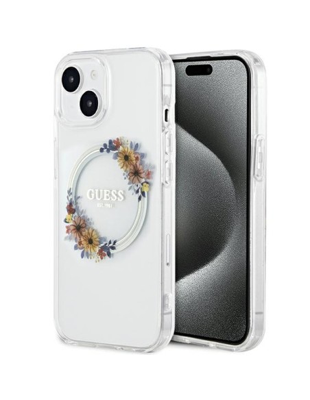 Etui Guess IML Flowers Wreatch MagSafe na iPhone 15 / 14 / 13 - przezroczyste
