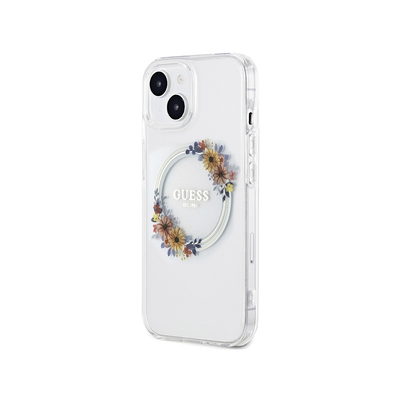Etui Guess IML Flowers Wreatch MagSafe na iPhone 15 / 14 / 13 - przezroczyste