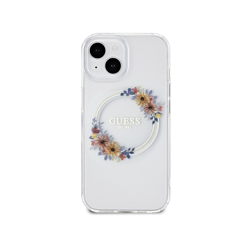 Etui Guess IML Flowers Wreatch MagSafe na iPhone 15 / 14 / 13 - przezroczyste