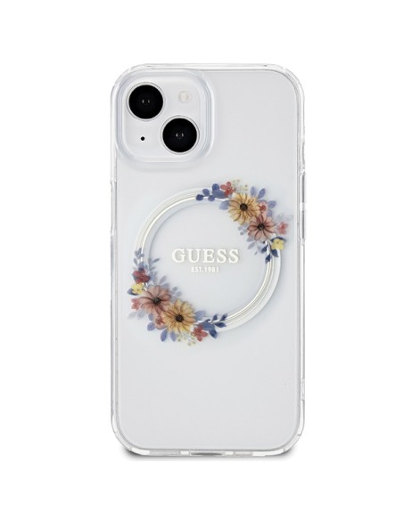 Etui Guess IML Flowers Wreatch MagSafe na iPhone 15 / 14 / 13 - przezroczyste