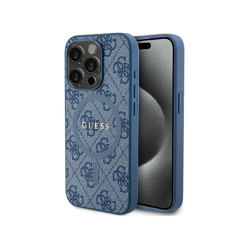 Etui Guess 4G Collection Leather Metal Logo MagSafe na iPhone 15 Pro Max - niebieskie