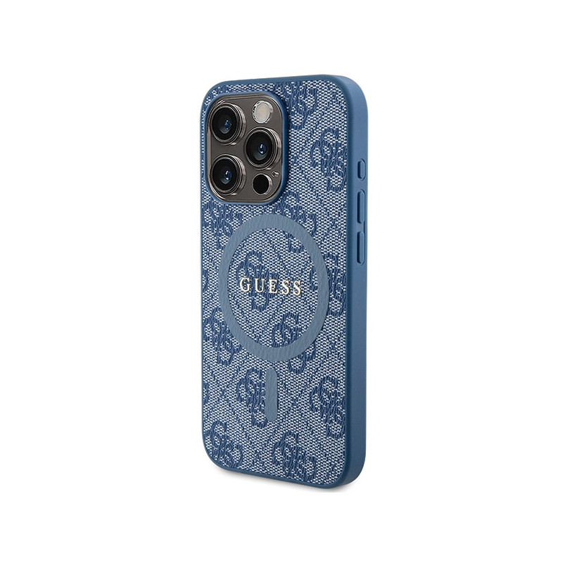 Etui Guess 4G Collection Leather Metal Logo MagSafe na iPhone 15 Pro Max - niebieskie