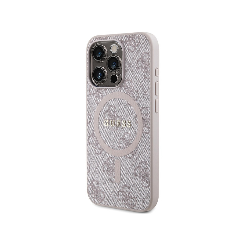 Etui Guess 4G Collection Leather Metal Logo MagSafe na iPhone 15 Pro Max - różowe