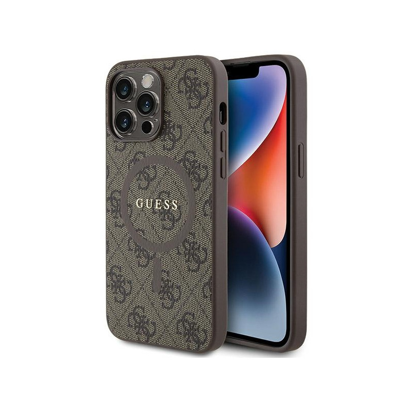 Etui Guess 4G Collection Leather Metal Logo MagSafe na iPhone 15 Pro Max - brązowe Etui Guess 4G Collection Leather Metal Logo MagSafe na iPhone 15 Pro Max - brązowe