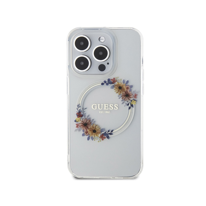 Etui Guess IML Flowers Wreatch MagSafe na iPhone 15 Pro Max - przezroczyste