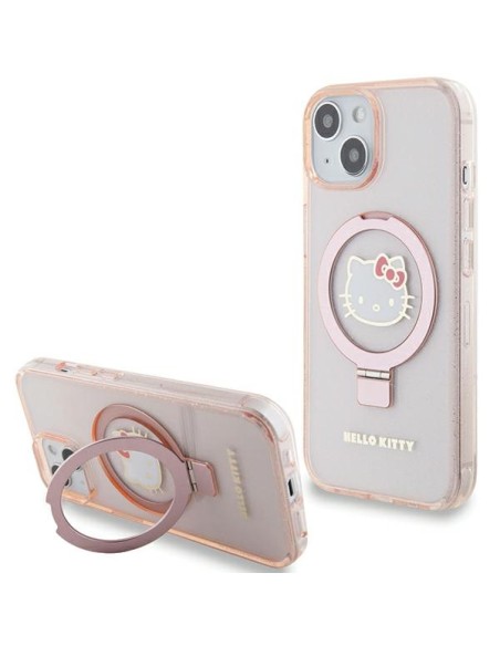 Etui Hello Kitty Ring Stand Glitter Electrop Logo MagSafe na iPhone 15 / 14 / 13 - różowe