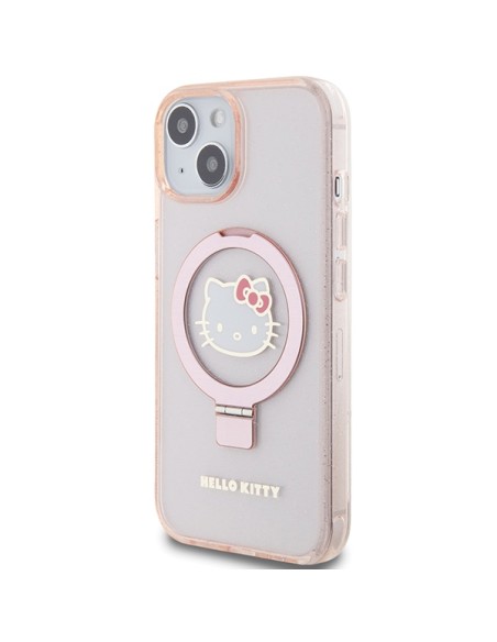 Etui Hello Kitty Ring Stand Glitter Electrop Logo MagSafe na iPhone 15 / 14 / 13 - różowe