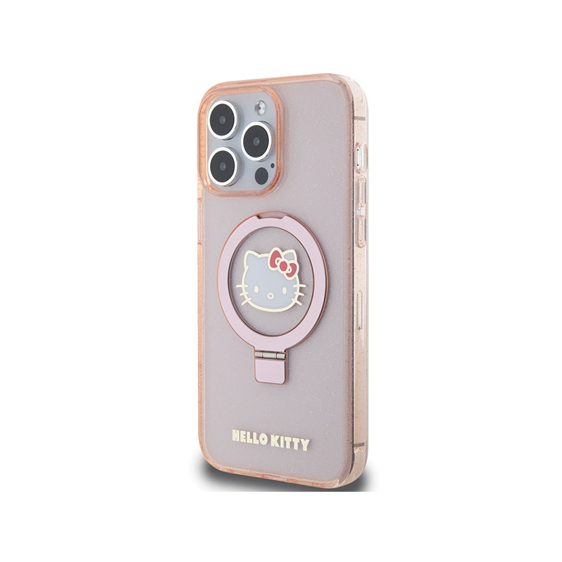 Etui Hello Kitty Ring Stand Glitter Electrop Logo MagSafe na iPhone 15 Pro Max - różowe