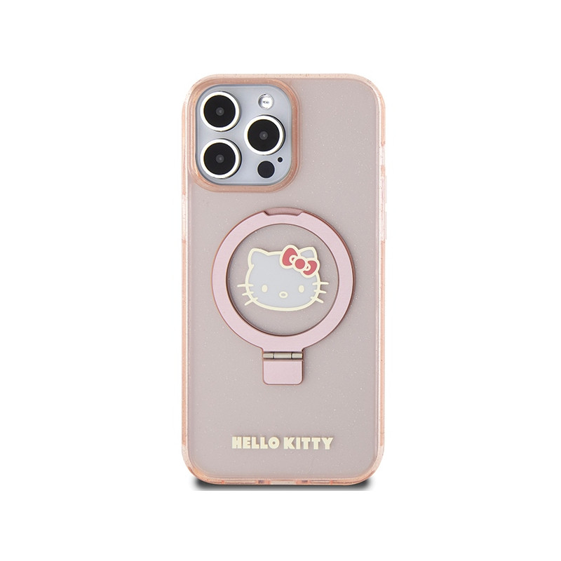Etui Hello Kitty Ring Stand Glitter Electrop Logo MagSafe na iPhone 15 Pro Max - różowe