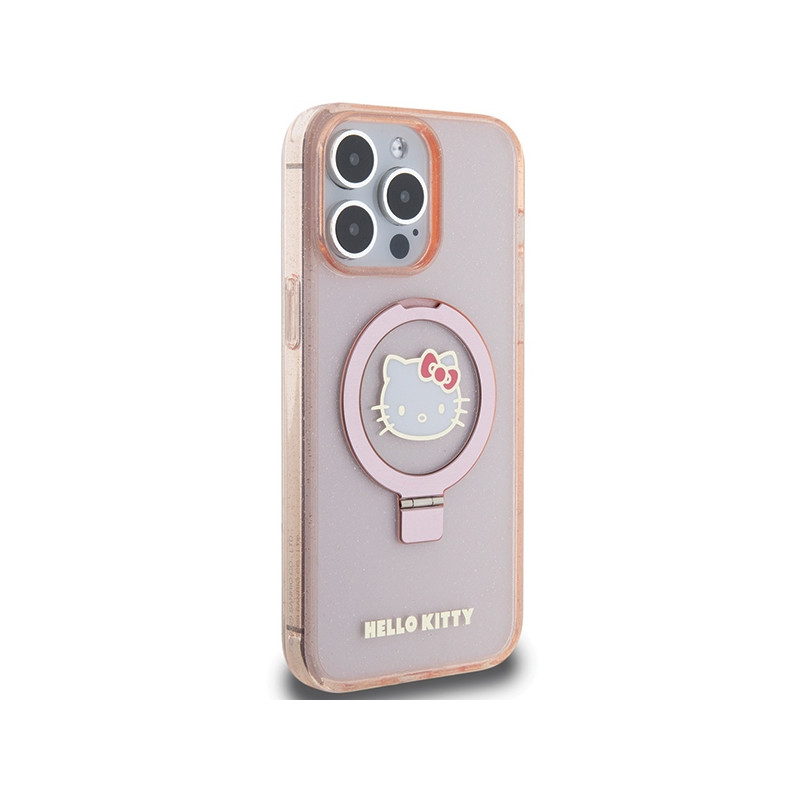 Etui Hello Kitty Ring Stand Glitter Electrop Logo MagSafe na iPhone 15 Pro Max - różowe