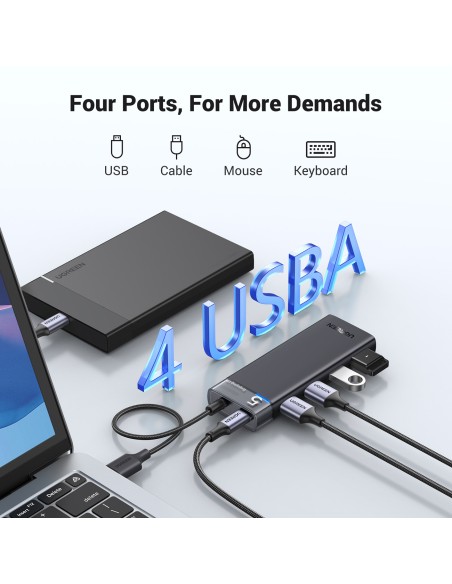 HUB Ugreen CM653 z 4 portami USB-A i kablem zasilającym USB-A - czarny HUB Ugreen CM653 z 4 portami USB-A i kablem zasilającym USB-A - czarny