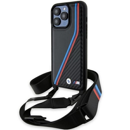 Etui BMW M Edition Carbon Tricolor Lines & Strap na iPhone 15 Pro - czarne Etui BMW M Edition Carbon Tricolor Lines & Strap na iPhone 15 Pro - czarne