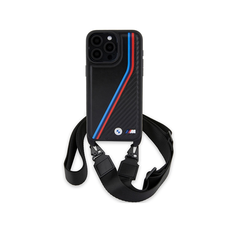 Etui BMW M Edition Carbon Tricolor Lines & Strap na iPhone 15 Pro - czarne