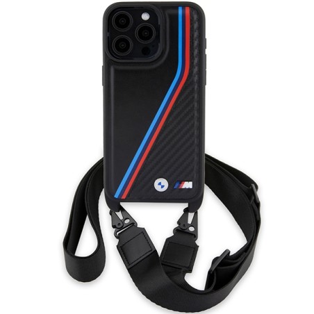 Etui BMW M Edition Carbon Tricolor Lines & Strap na iPhone 15 Pro - czarne Etui BMW M Edition Carbon Tricolor Lines & Strap na iPhone 15 Pro - czarne
