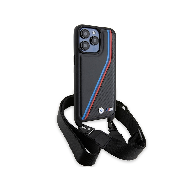 Etui BMW M Edition Carbon Tricolor Lines & Strap na iPhone 15 Pro - czarne