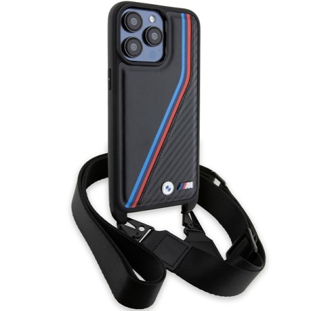 Etui BMW M Edition Carbon Tricolor Lines & Strap na iPhone 15 Pro - czarne Etui BMW M Edition Carbon Tricolor Lines & Strap na iPhone 15 Pro - czarne