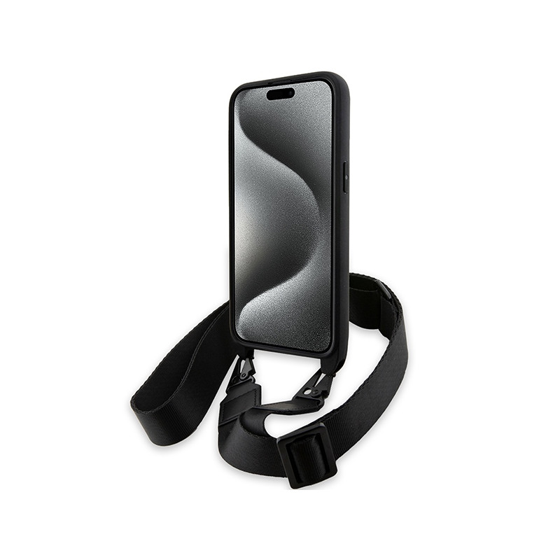 Etui BMW M Edition Carbon Tricolor Lines & Strap na iPhone 15 Pro - czarne