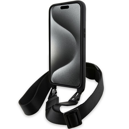 Etui BMW M Edition Carbon Tricolor Lines & Strap na iPhone 15 Pro - czarne Etui BMW M Edition Carbon Tricolor Lines & Strap na iPhone 15 Pro - czarne